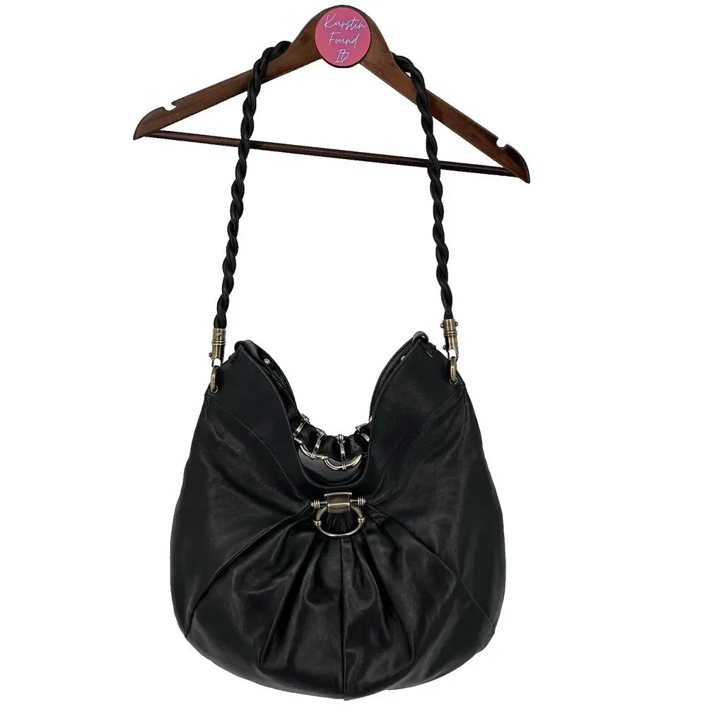 Salvatore Ferragamo Shoulder Bag Leather Black Security Clasp Calf Leather Hobo - Picture 1 of 16